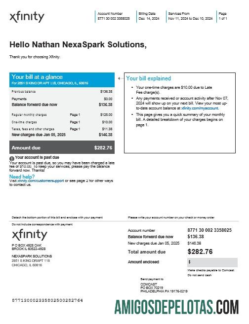 imprimível Modelo Word e PDF de fatura de serviços públicos dos EUA XFINITY